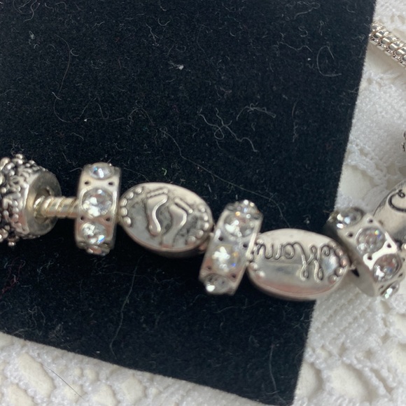 Silver Charm Snake Bracelet 8 charms Mom Baby feet Rhinestones Hook Clasp 8” - Picture 5 of 10